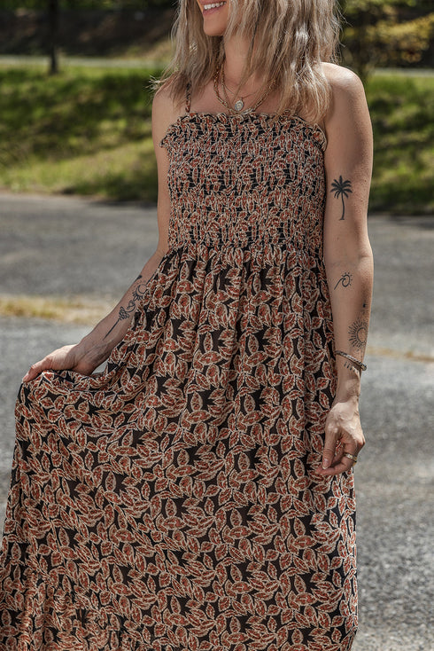 Botanical Print Shirred Bodice Tiered Flowy A-Line Maxi Dress